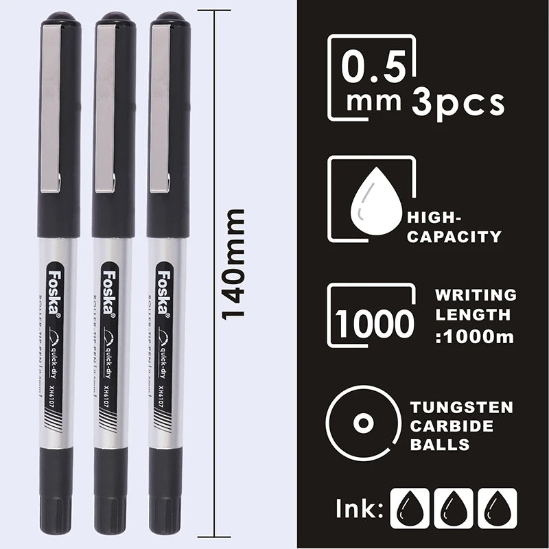 Roller Pen 0.5mm Black Ink – Pack of 3