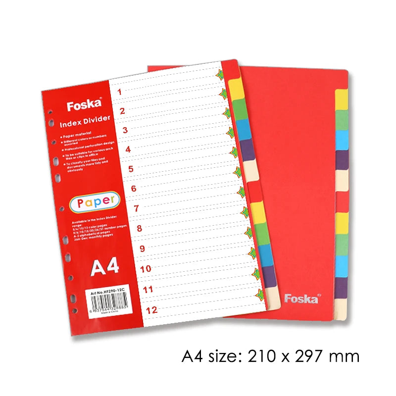 A4 Paper Index Dividers – 12 Tabs, Assorted Colours
