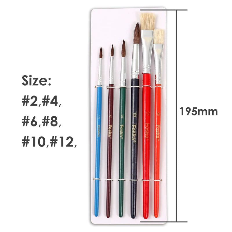 Horsehair Artist Paint Brush Set – Round, Flat & Angular, 6 Pieces