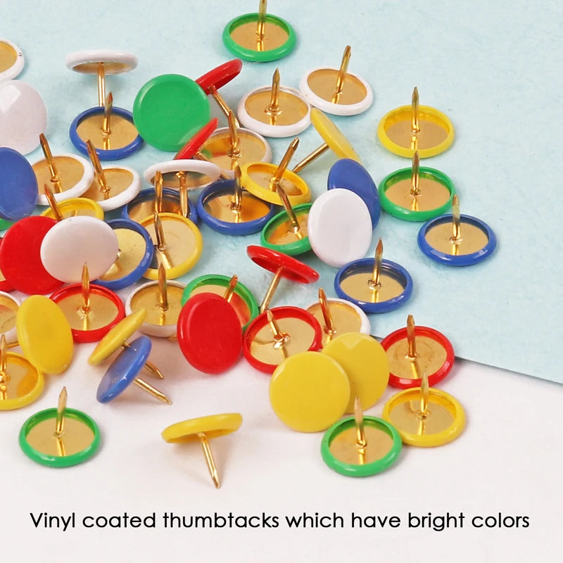 Vinyl Coated Round Head Thumbtacks Assorted Colors – Box of 100