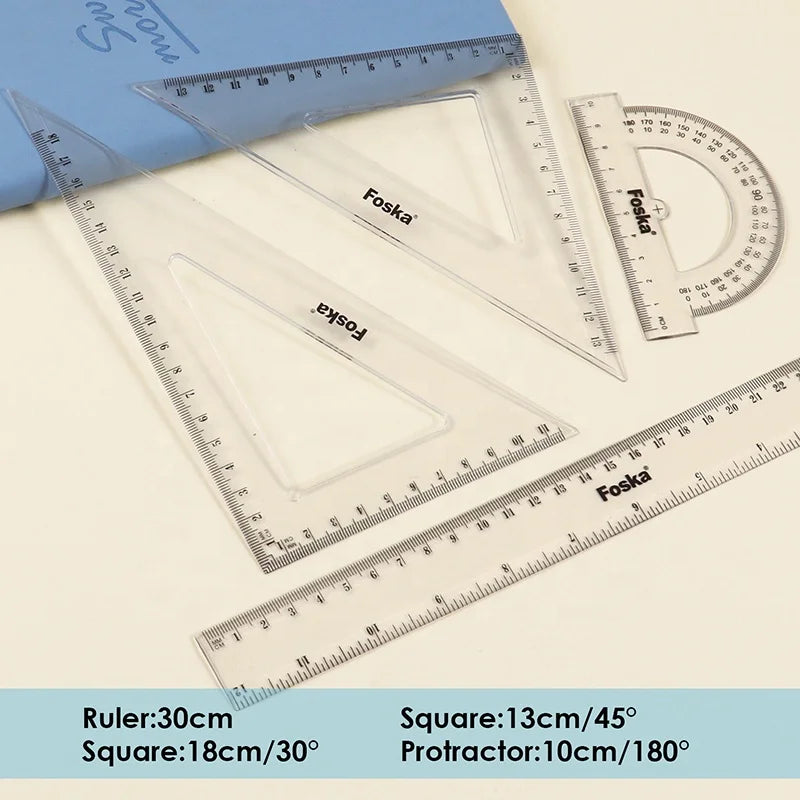 Geometry Ruler Set with Protractor – 4 Pieces