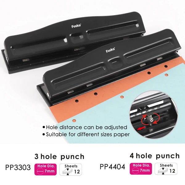Adjustable 3-Hole Metal Paper Punch – 12 Sheets