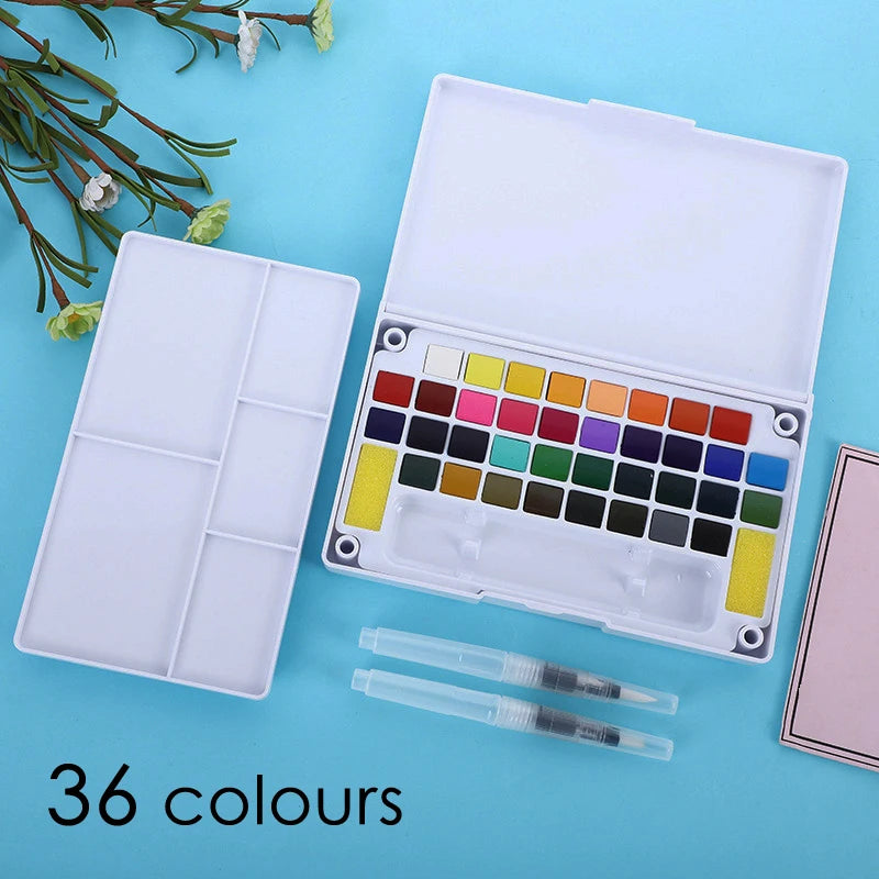 Solid Watercolor Paint Set with Fountain Pen and Sponge
