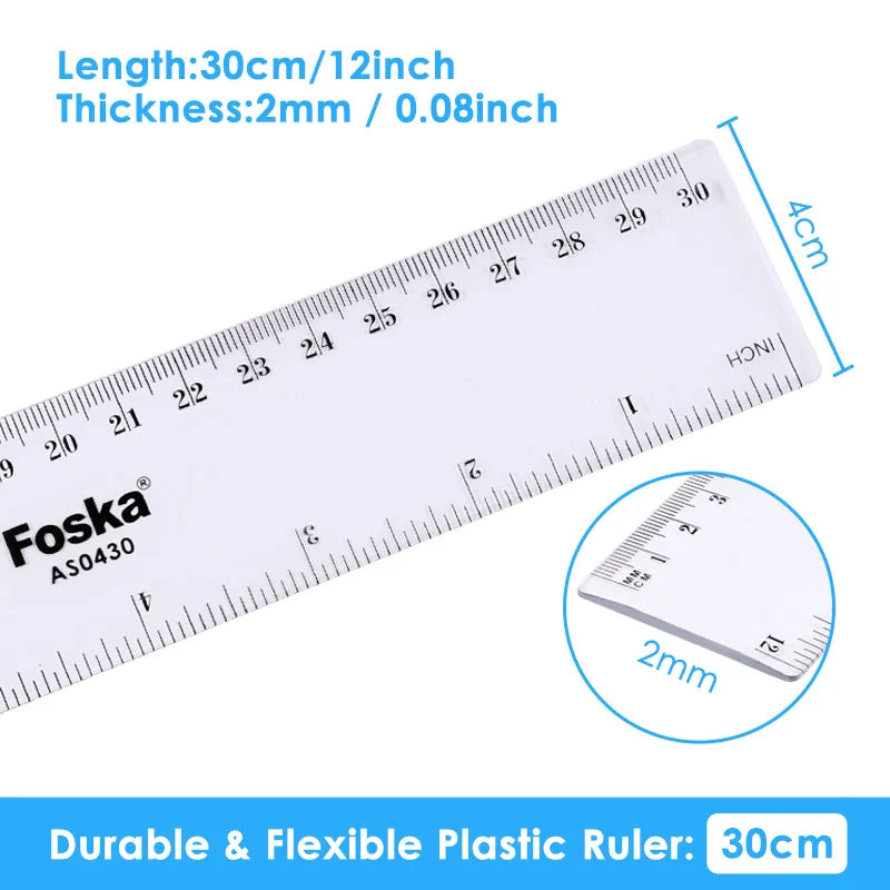 Clear Plastic Ruler 30cm / 12in with Inches and Centimeters