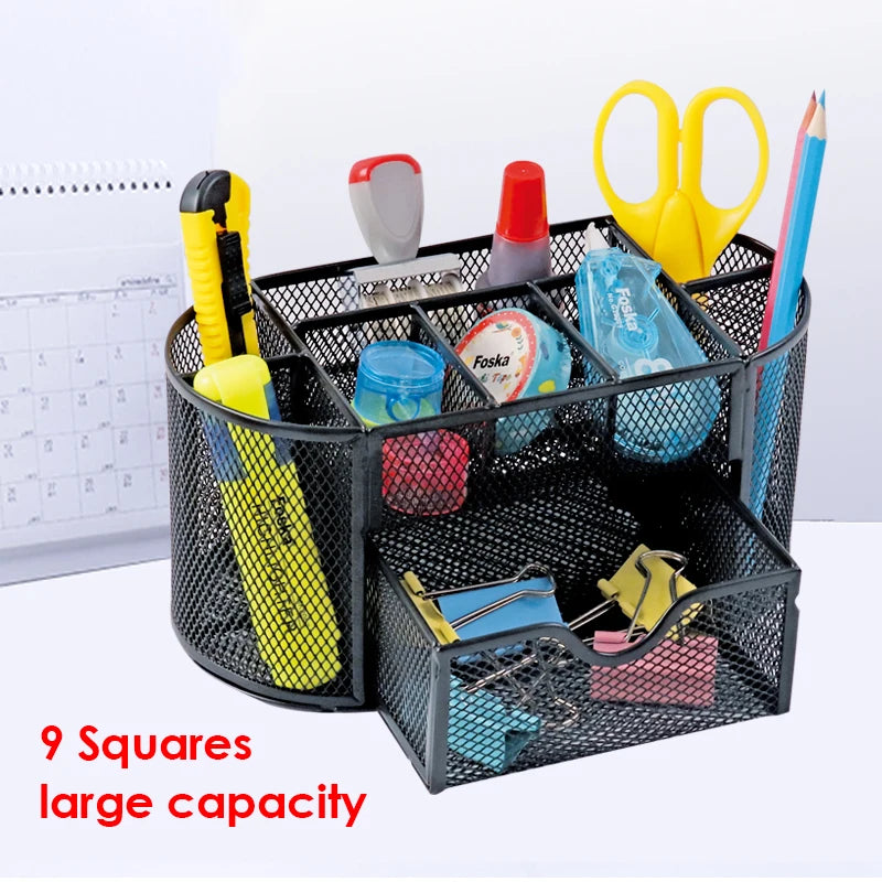 Metal Mesh Desk Organiser Set – 9 Compartments with Drawer