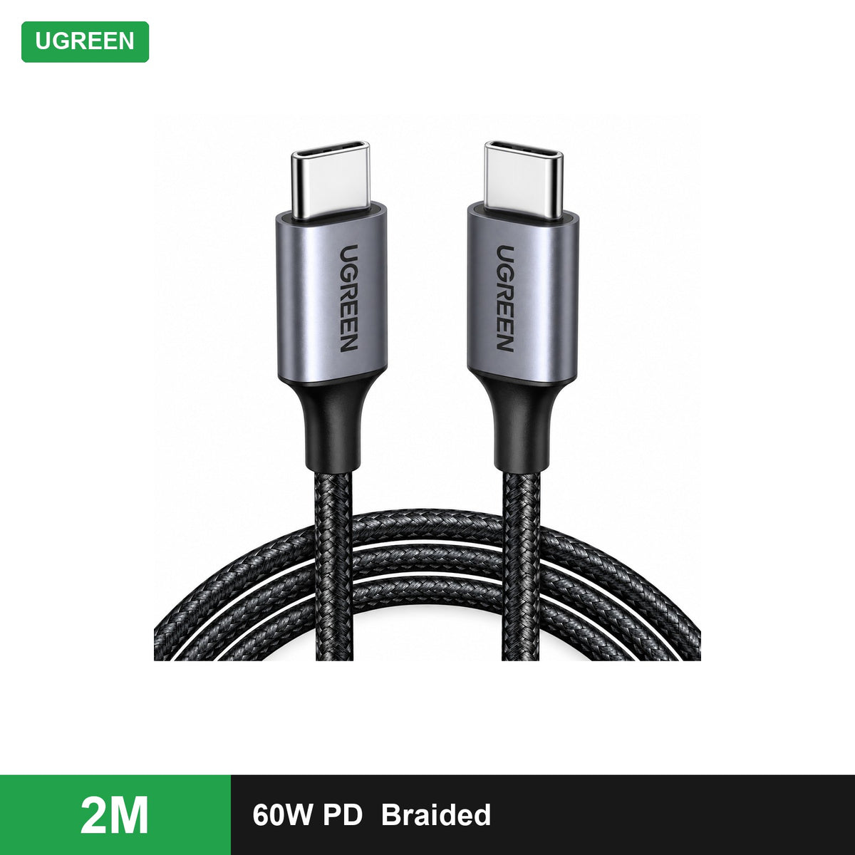 UGREEN USB-C to USB-C PD Fast Charging Cable 60W Nickel Plating Aluminium Shell (Gray/Black, US261) - 2 m - Office R Us