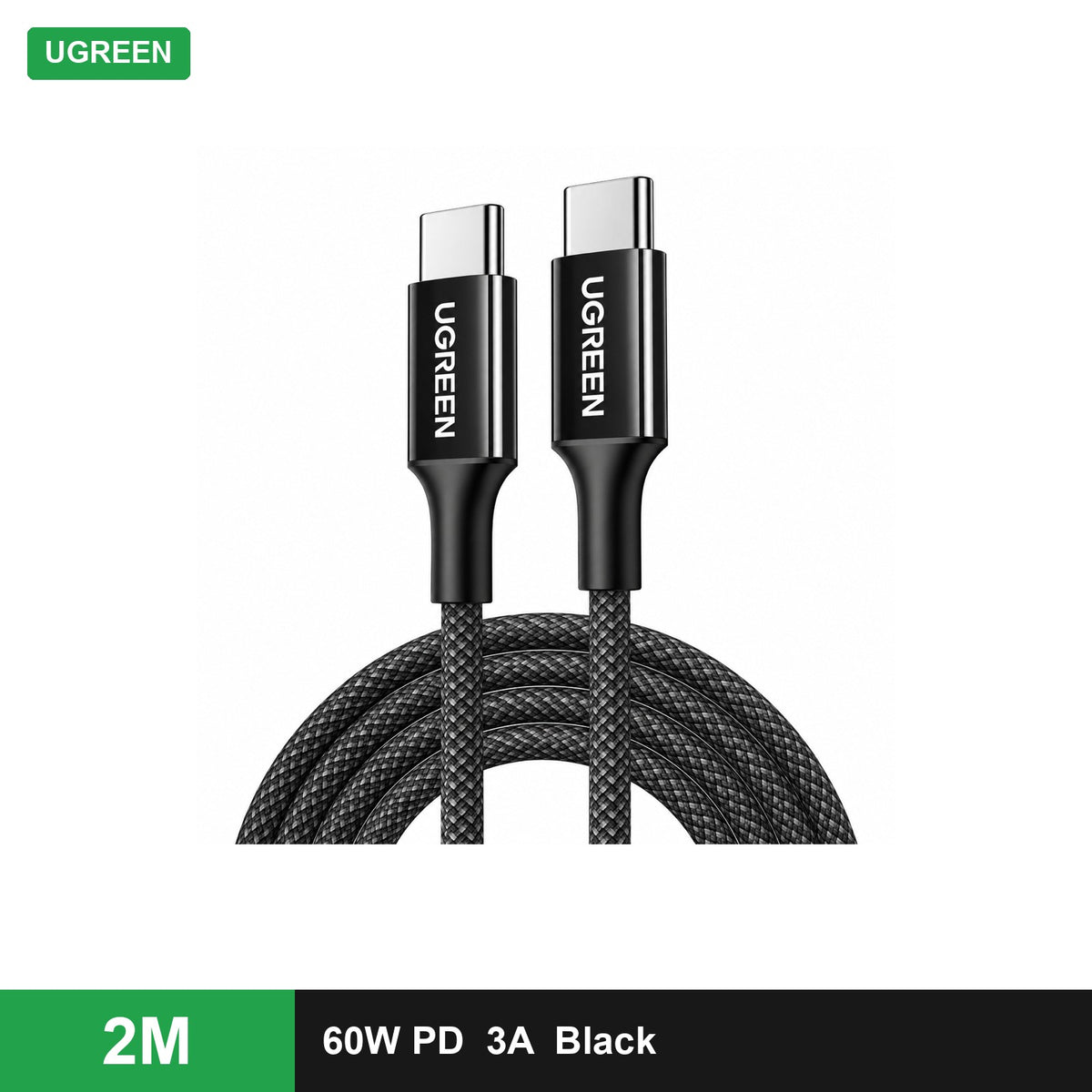 UGREEN USB-C to USB-C PD Fast Charging Braided Cable 60W 3A (L501) - Black / 2 m - Office R Us