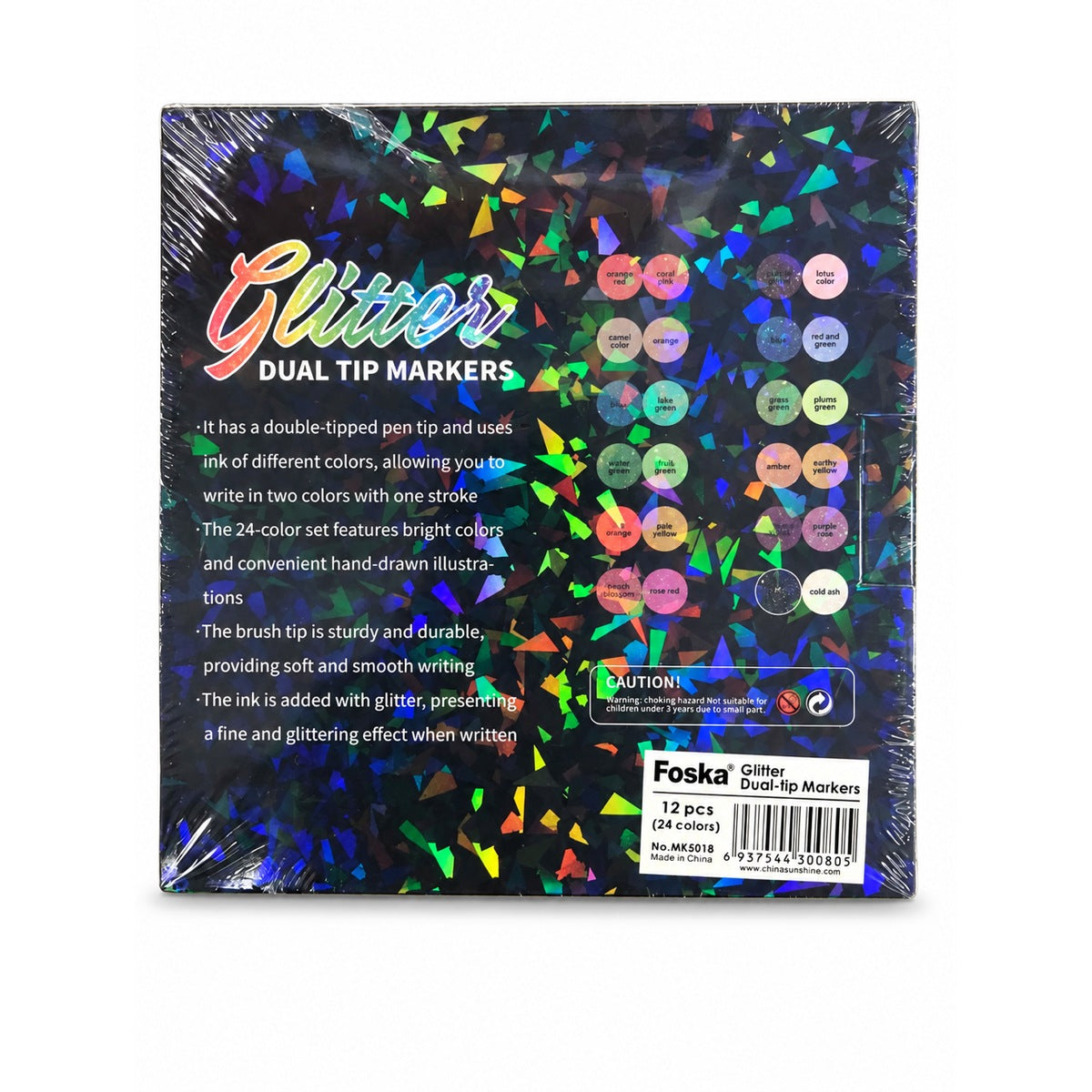 Foska Glitter Dual-Tip Markers 24 colours (12 pens) box back