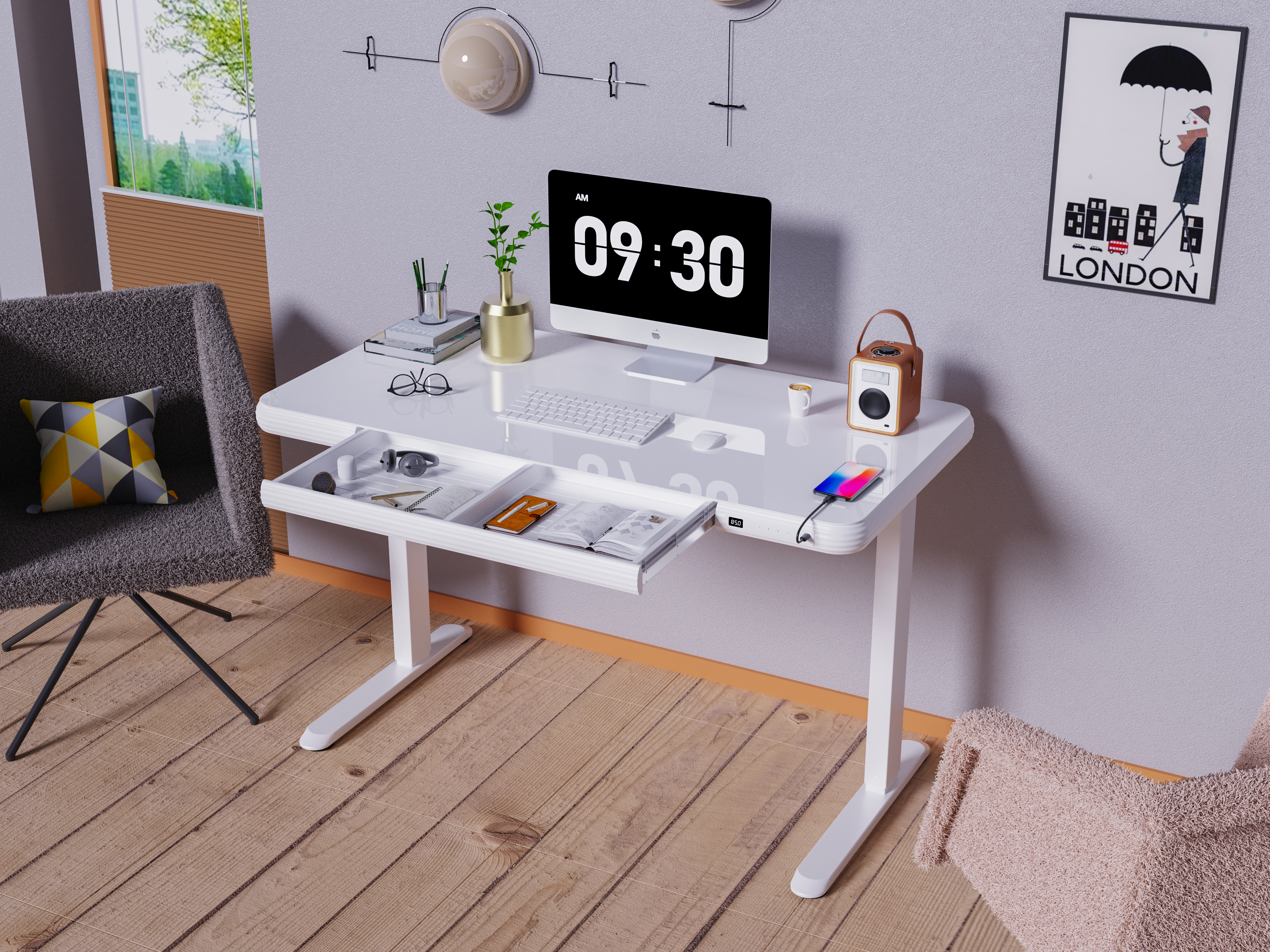 FlexiSpot Standing Desk – Glass Top (UK Plug)