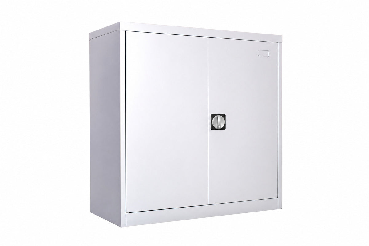 2 Steel Door Low Storage Cabinet - White Angled View - Office R Us