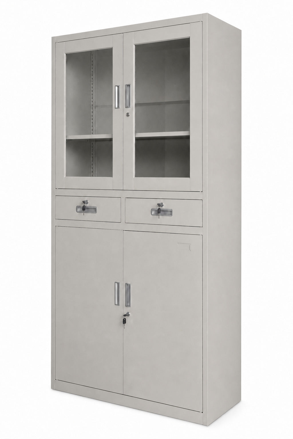 Glass Door Storage Cabinet with 2 Drawers - Angled View - Office R Us