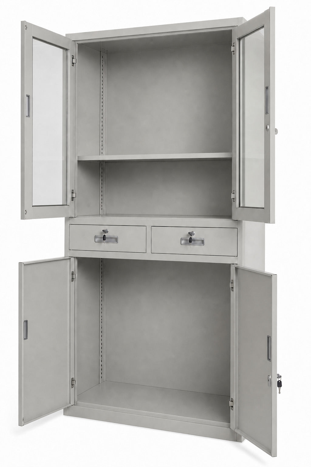 Glass Door Storage Cabinet with 2 Drawers - Doors Open - Office R Us