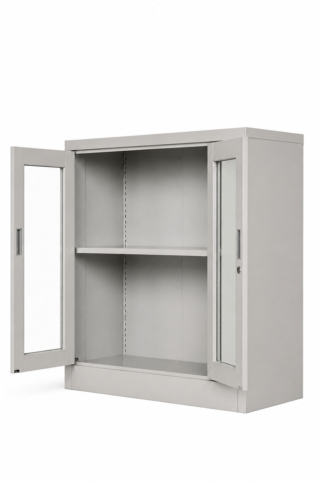 2 Glass Door Low Storage Cabinet - Doors Open - Office R Us
