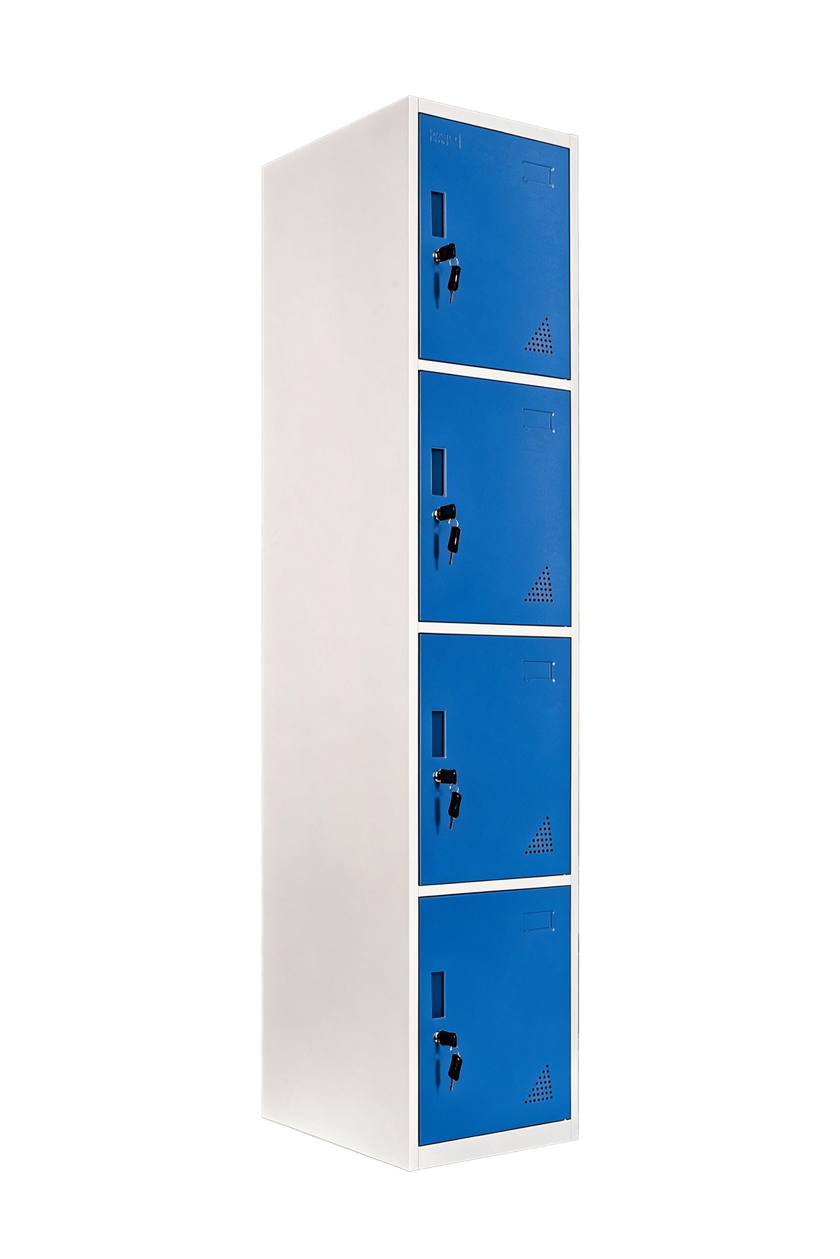4-Door Steel Locker - Grey with Blue Doors Angled View - Office R Us