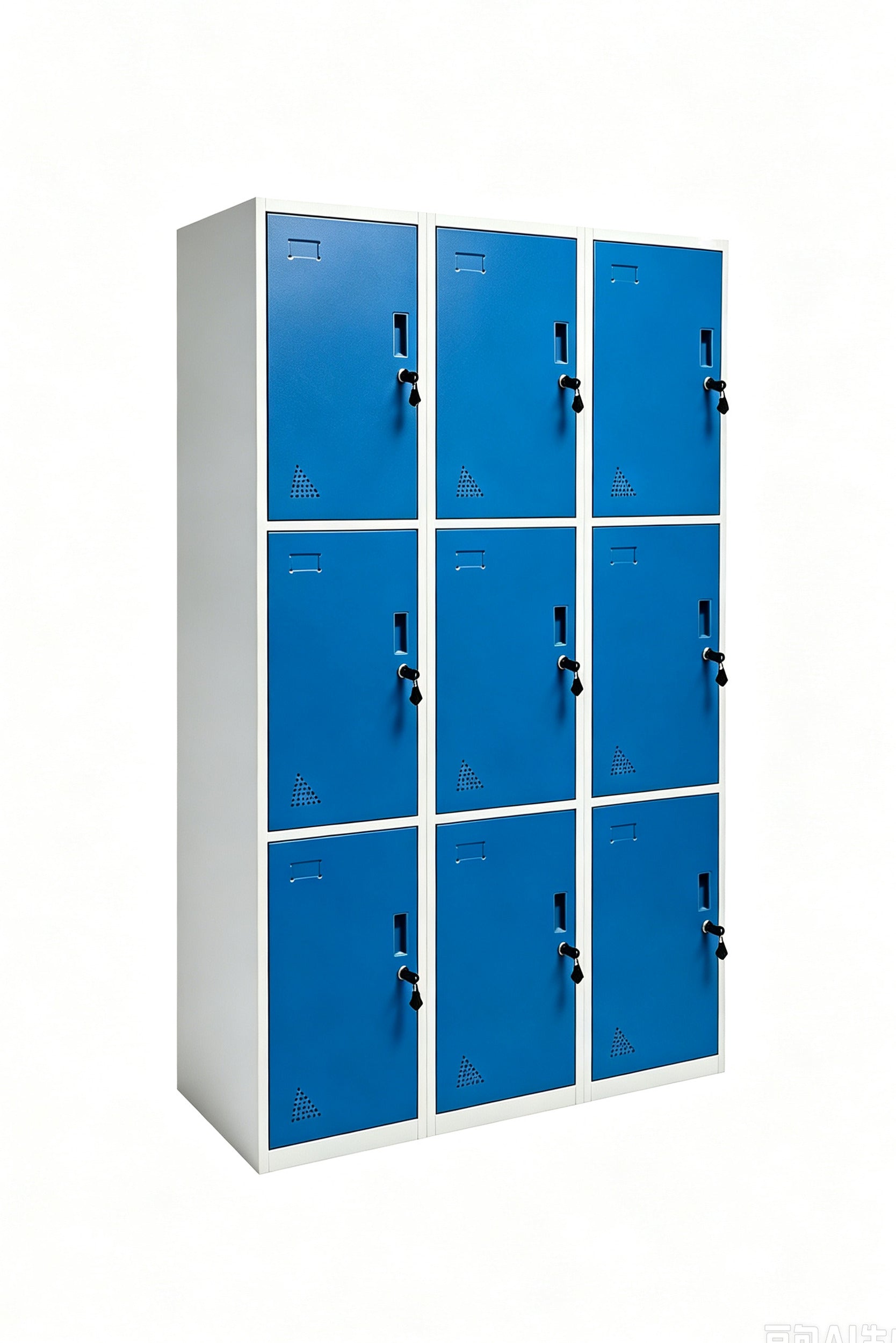 9-Door Steel Locker - Grey with Blue Doors Angled View - Office R Us