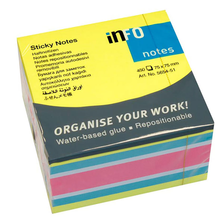 inFO Notes 75 x 75 mm Brilliant Mix Cube, 450 Sheets, Brilliant Yellow/Brilliant Blue/White/Brilliant Pink