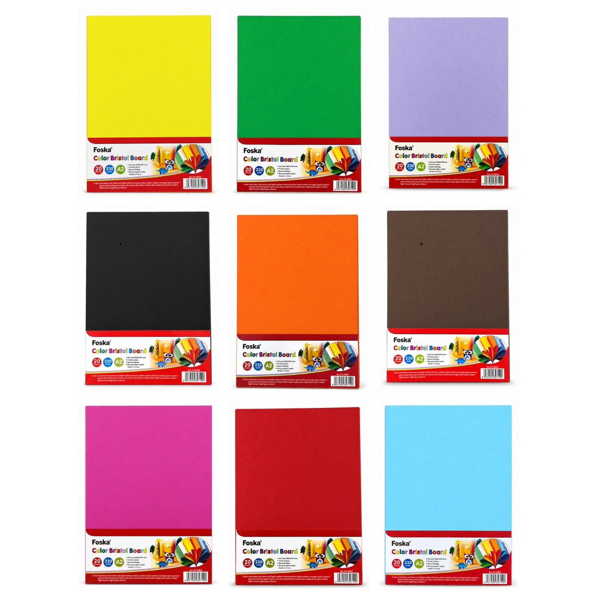 Foska Coloured Bristol Board A2 packs, the nine colours in stock