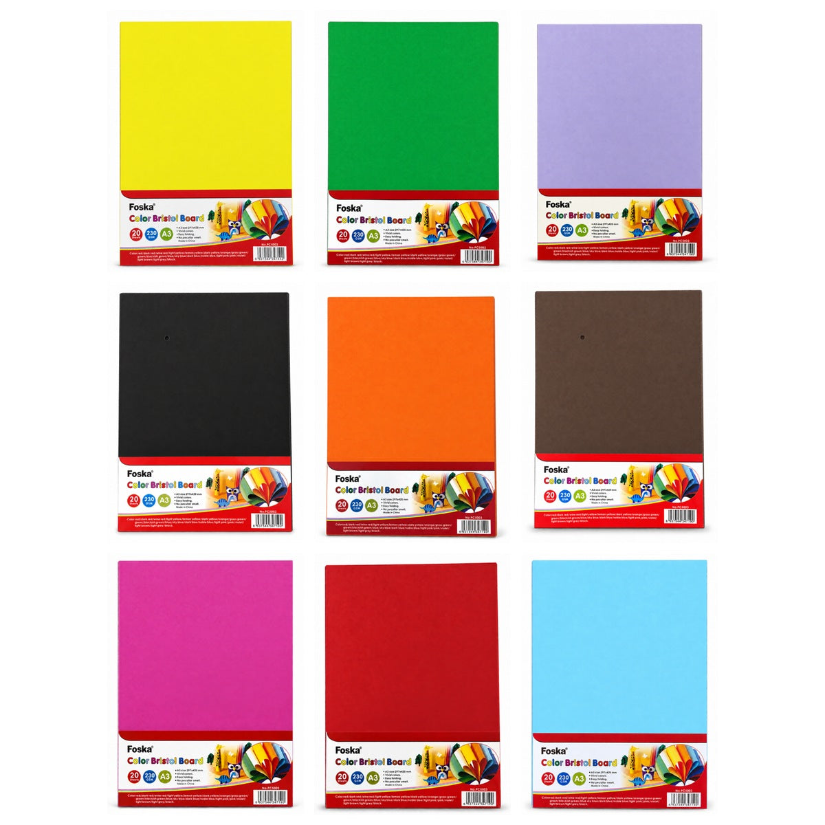 Foska Coloured Bristol Board A3 packs, the nine colours in stock