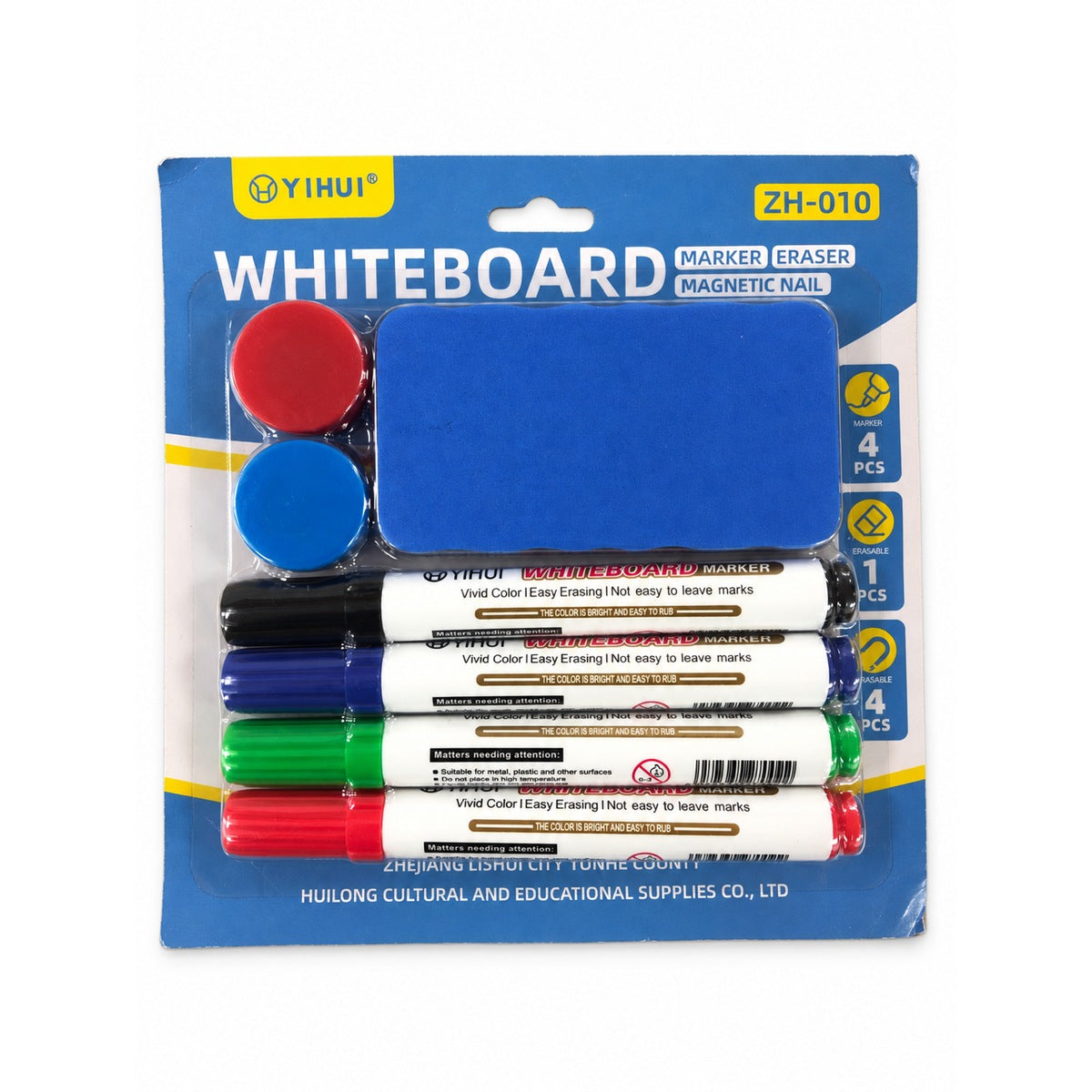 Foska BE1053 whiteboard marker set: 4 markers, eraser and magnets, pack front