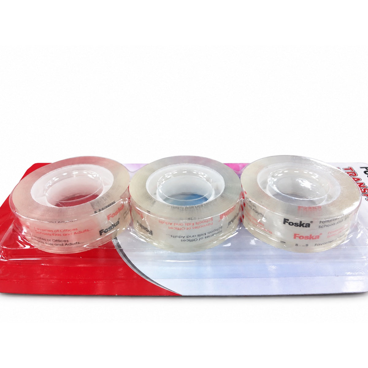 Foska CT2012 transparent tape 3-roll pack, angled view