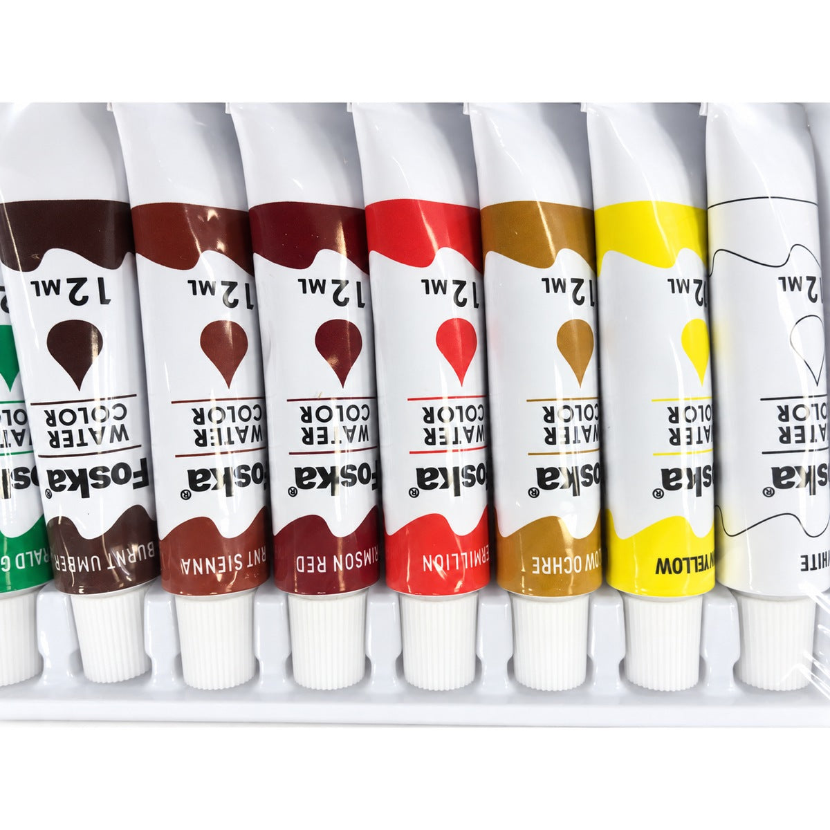 Foska water colour tubes close-up with colour names