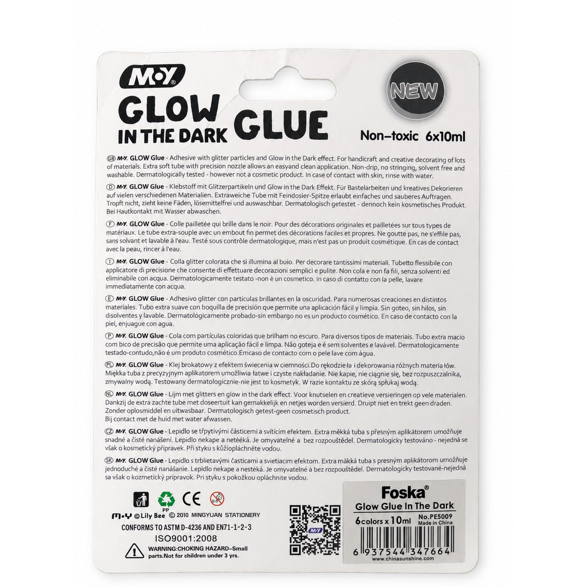Foska PE5009 glow in the dark glue, pack back with barcode