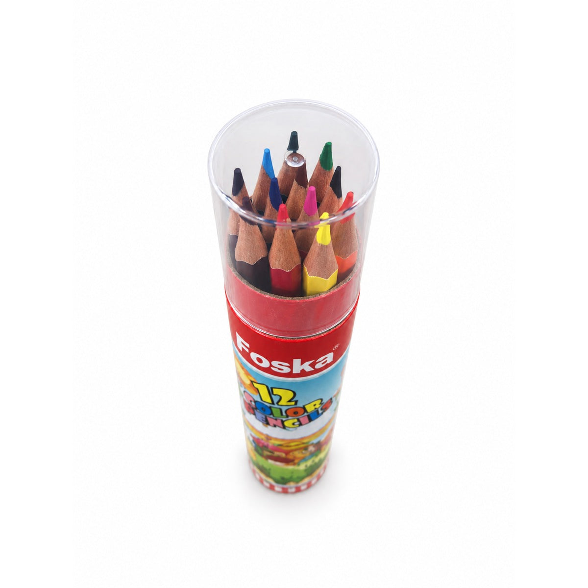 Foska 12 colour pencils tube, angled view of pre-sharpened tips