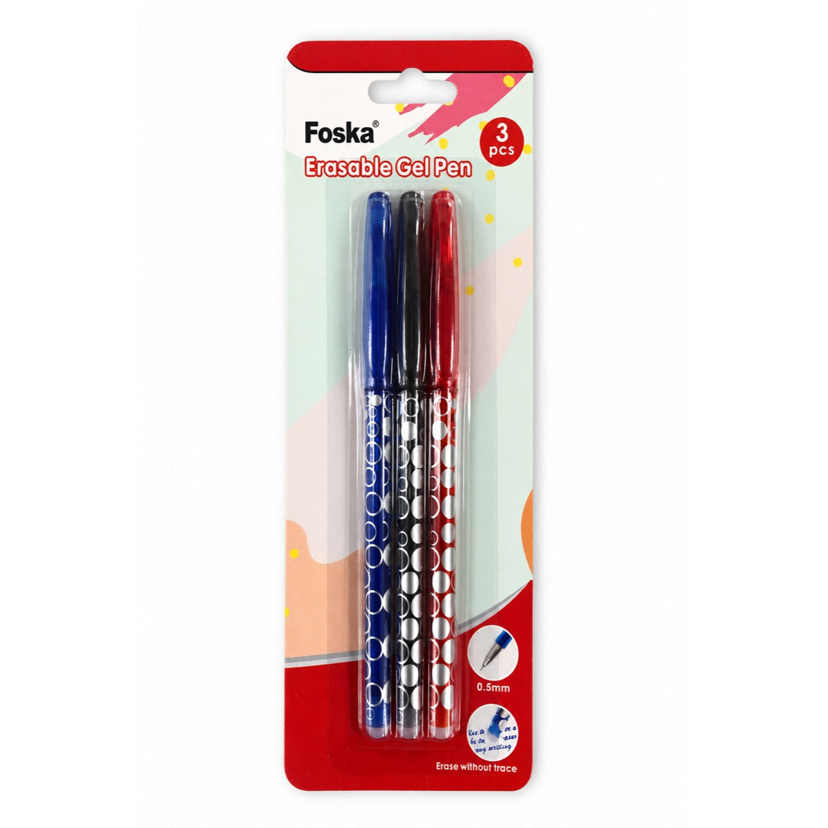Foska RH3009 erasable gel pens, pack of 3 (blue, black, red), front