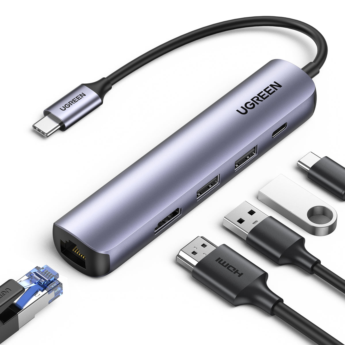 UGREEN USB-C to 2× USB 3.0+HDMI+RJ45 Ethernet Adapter + PD - View 2 - Office R Us