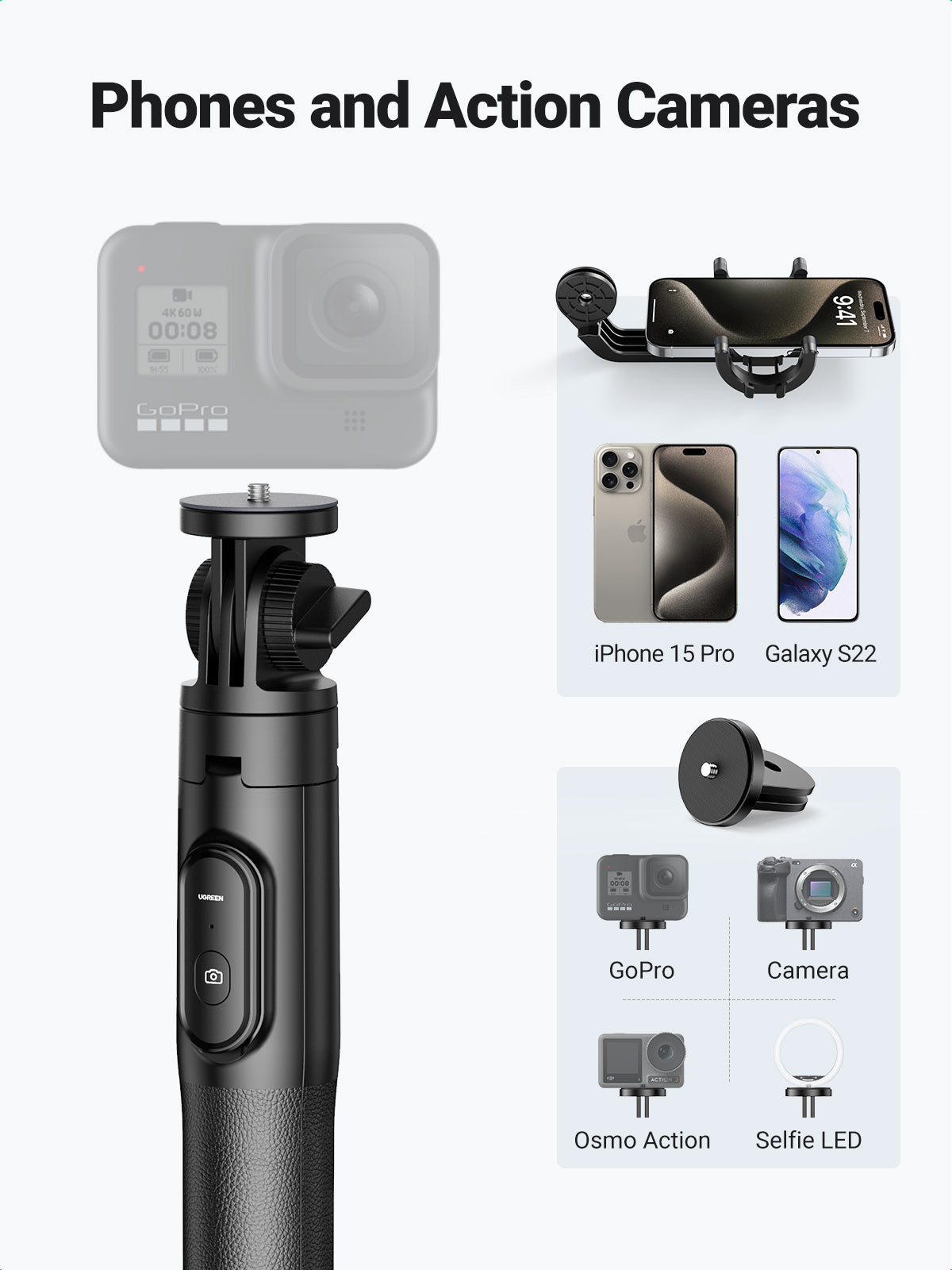UGREEN Selfie Stick Tripod with Bluetooth Remote (15062) - View 6 - Office R Us