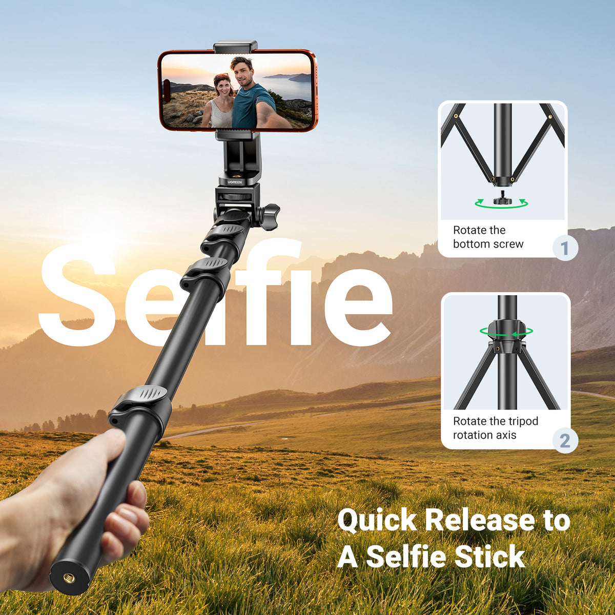 UGREEN Selfie Stick Tripod with Bluetooth Remote (15609) - View 5 - Office R Us