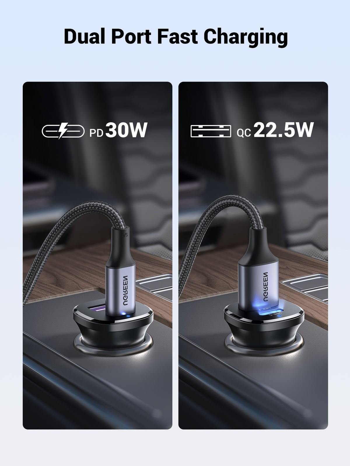 UGREEN 30W 2-Port Fast Car Charger (Black) - View 3 - Office R Us