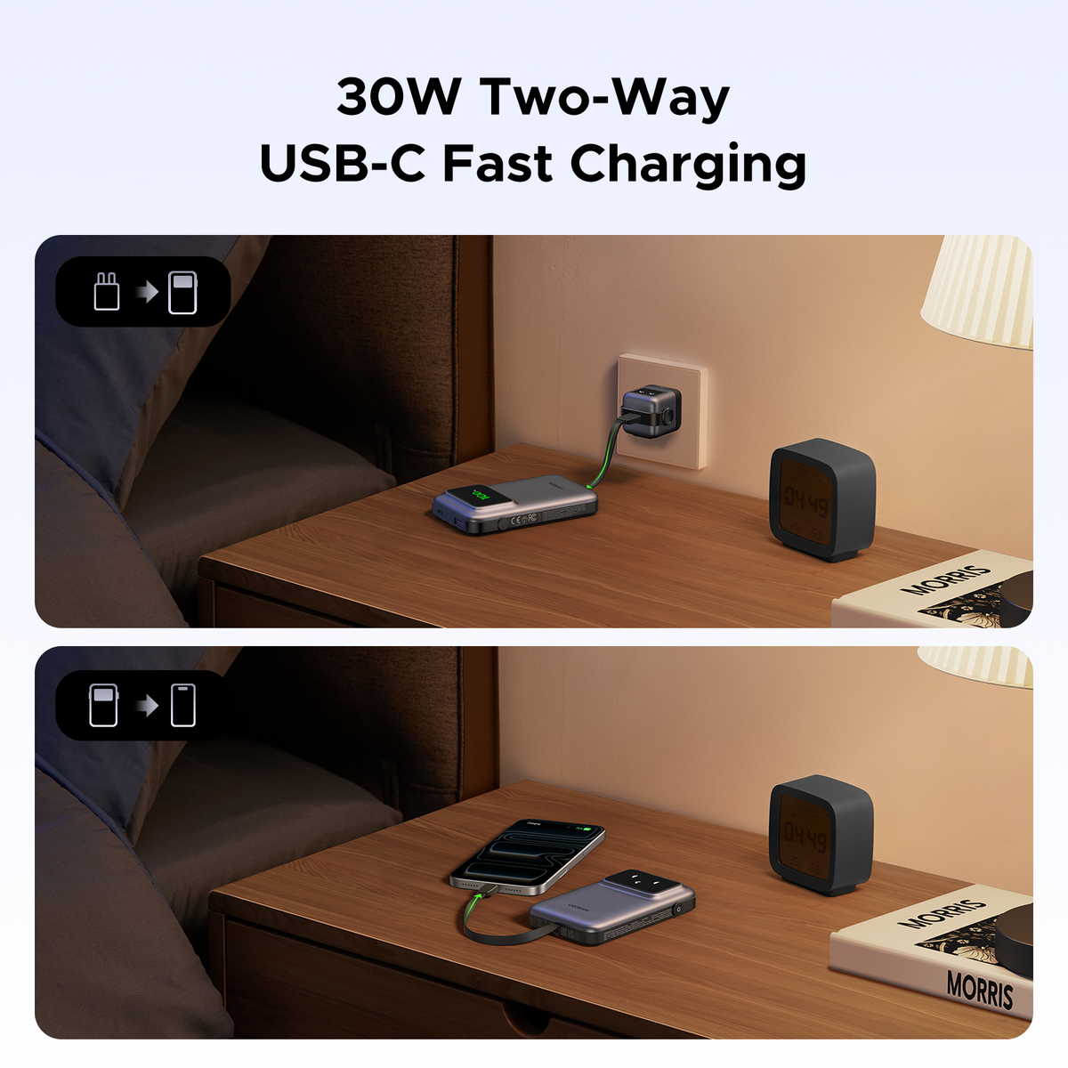 UGREEN 10000mAh Power Bank with Built-in Cable - View 3 - Office R Us
