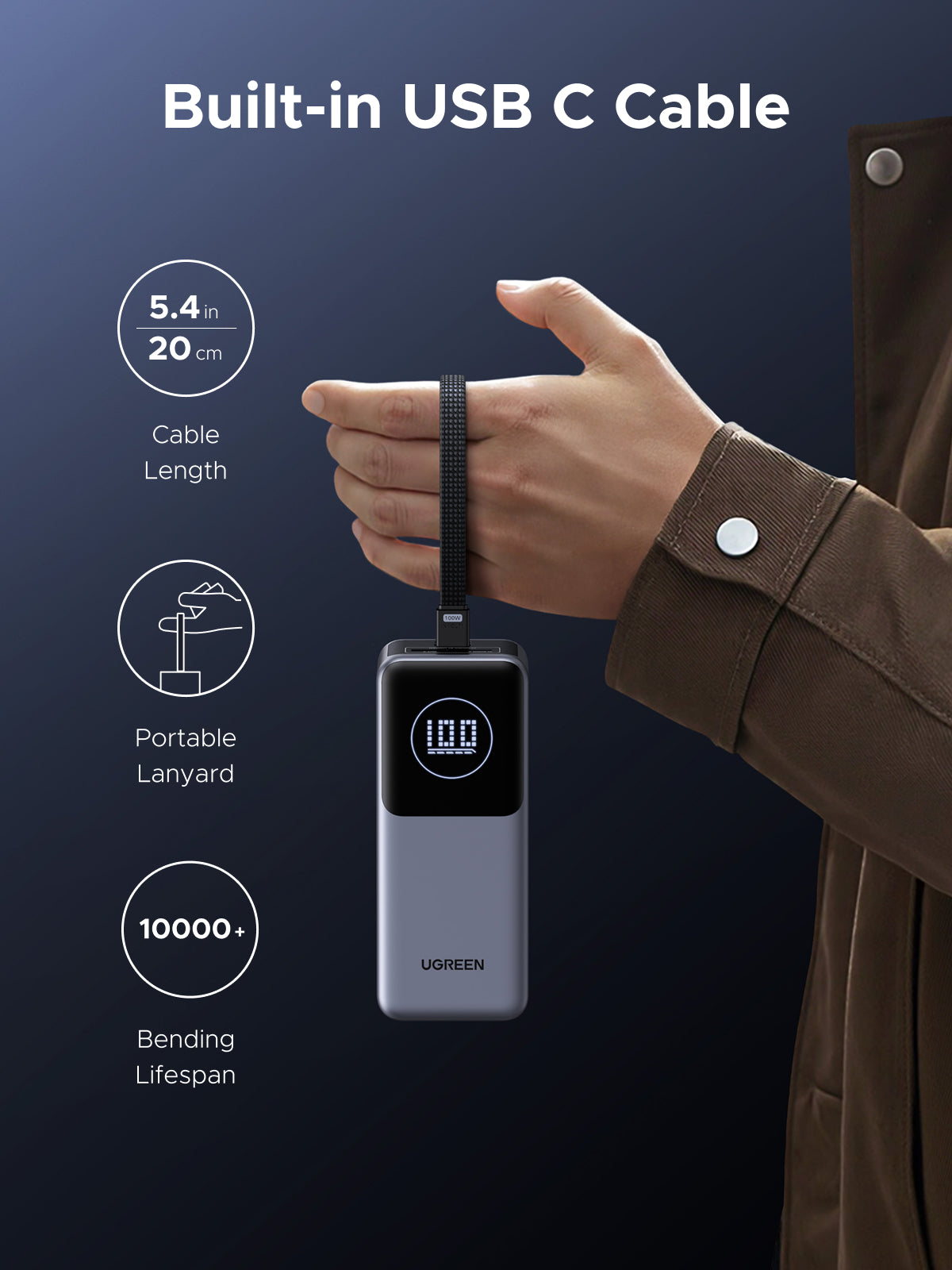 UGREEN 130W Power Bank with Built-in Cable - View 4 - Office R Us