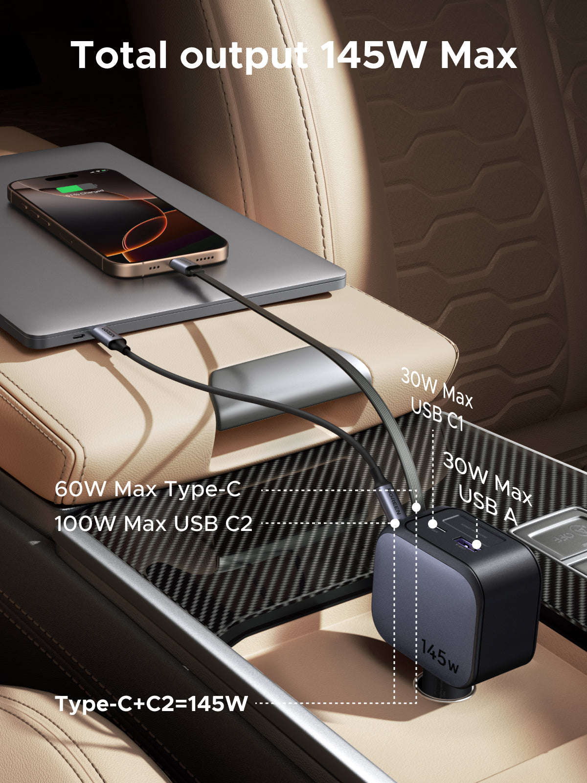 UGREEN 145W Fast Car Charger with Retractable Cable (Black) - View 2 - Office R Us