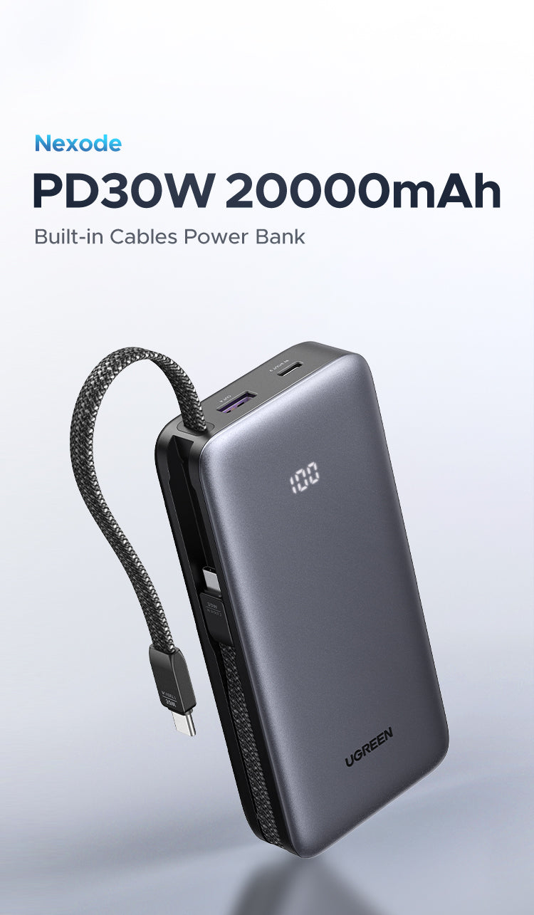 UGREEN 30W Power Bank with Built-in Cable (Black) - View 2 - Office R Us