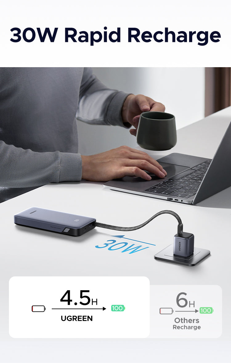 UGREEN 30W Power Bank with Built-in Cable (Black) - View 4 - Office R Us