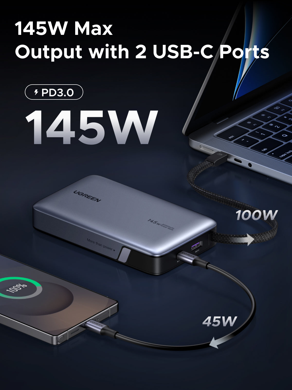 UGREEN 145W Power Bank with Built-in Cable (Gray) - View 3 - Office R Us
