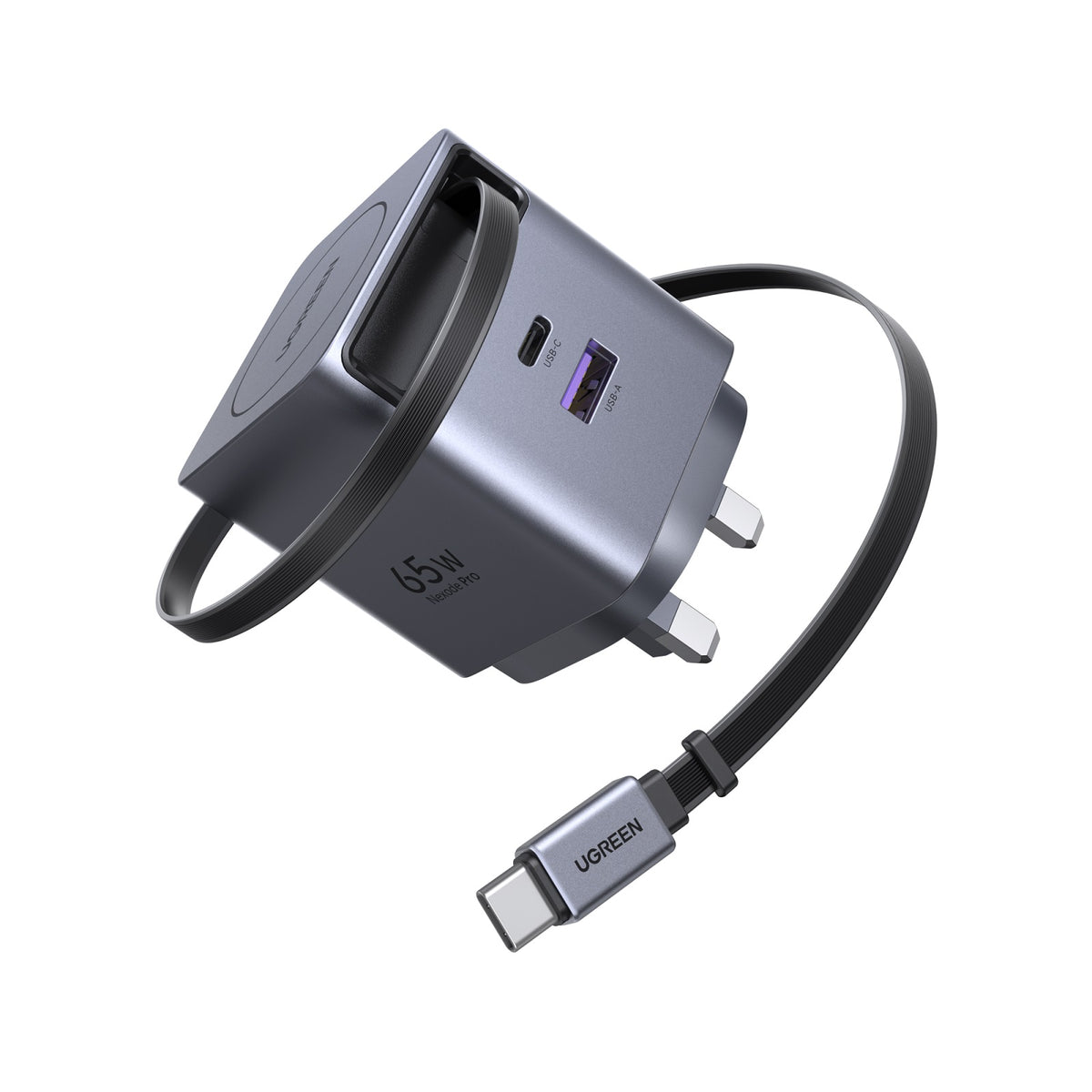 UGREEN 65W GaN Fast Charger with Retractable Cable (Gray) - Office R Us Lagos