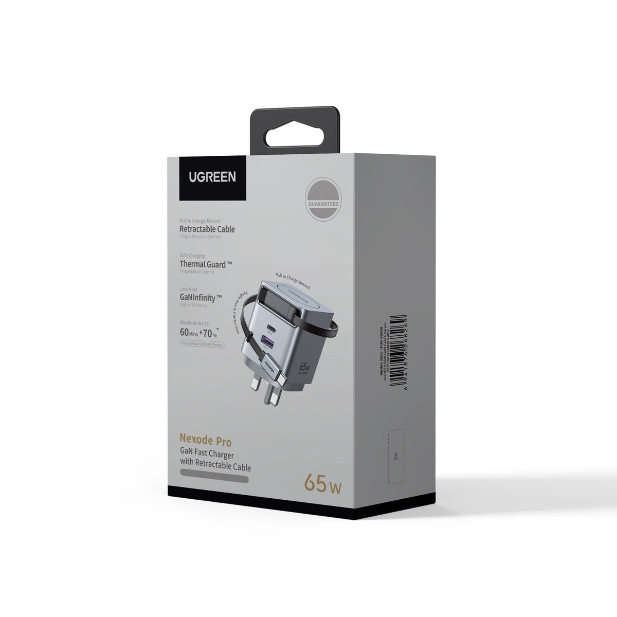 UGREEN 65W GaN Fast Charger with Retractable Cable (Gray) - View 2 - Office R Us