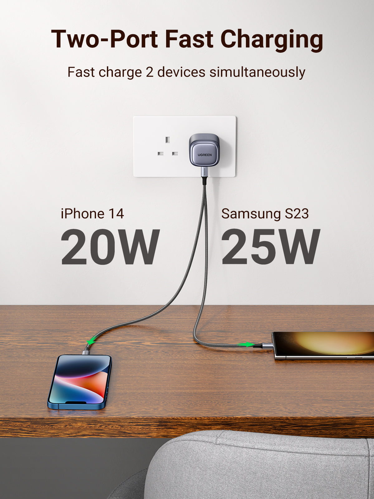 UGREEN Nexode 45W Dual USB-C PD GaN Fast Charger UK (Space Gray) - View 3 - Office R Us