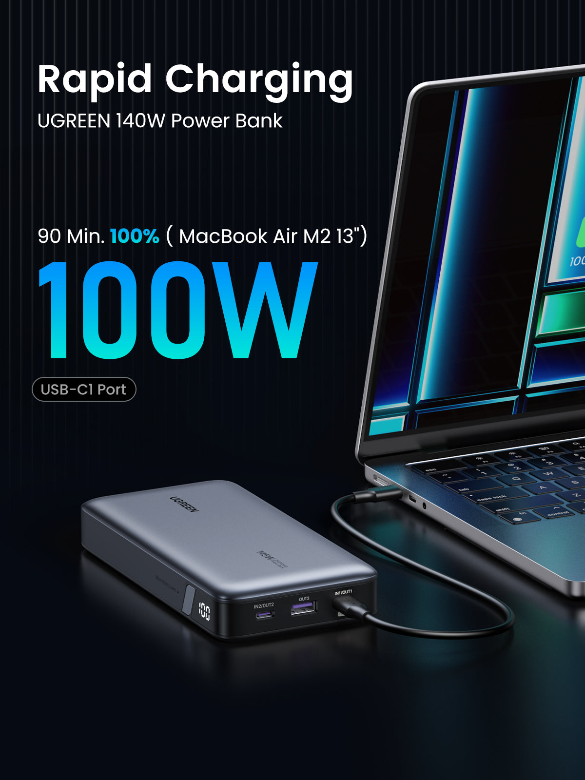 UGREEN 25000mAh 145W Two-way Fast Charging Power Bank (Gray) - View 2 - Office R Us