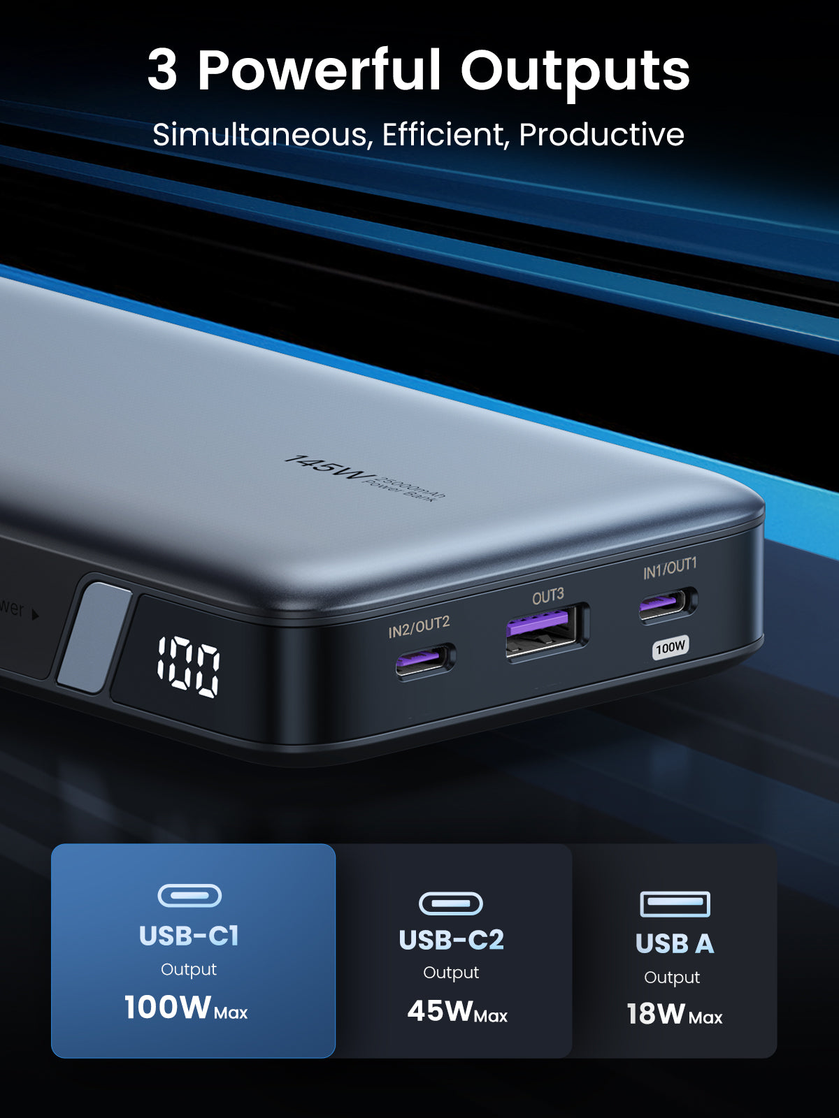 UGREEN 25000mAh 145W Two-way Fast Charging Power Bank (Gray) - View 4 - Office R Us