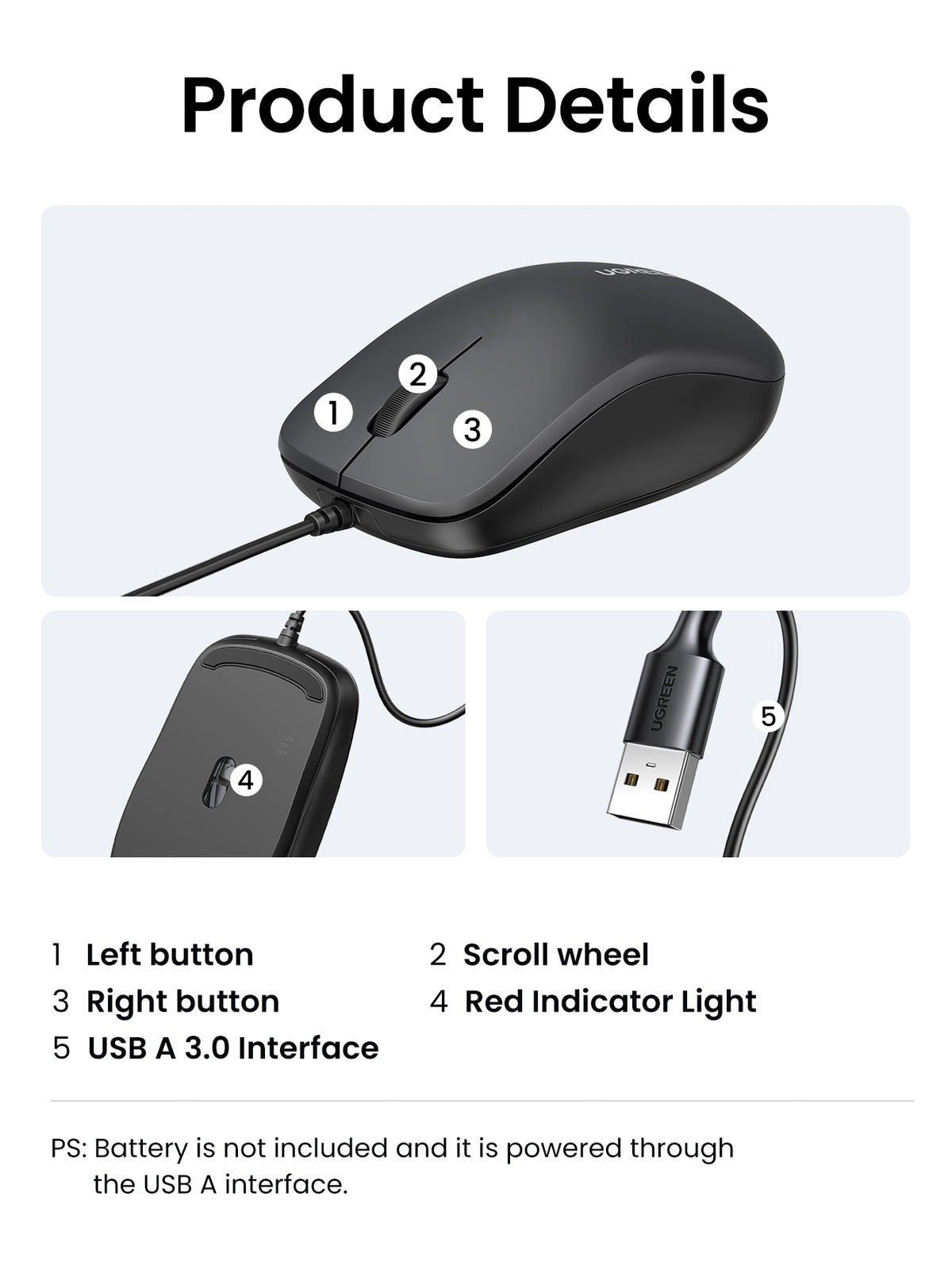 UGREEN Wired Mouse (Black) - View 5 - Office R Us