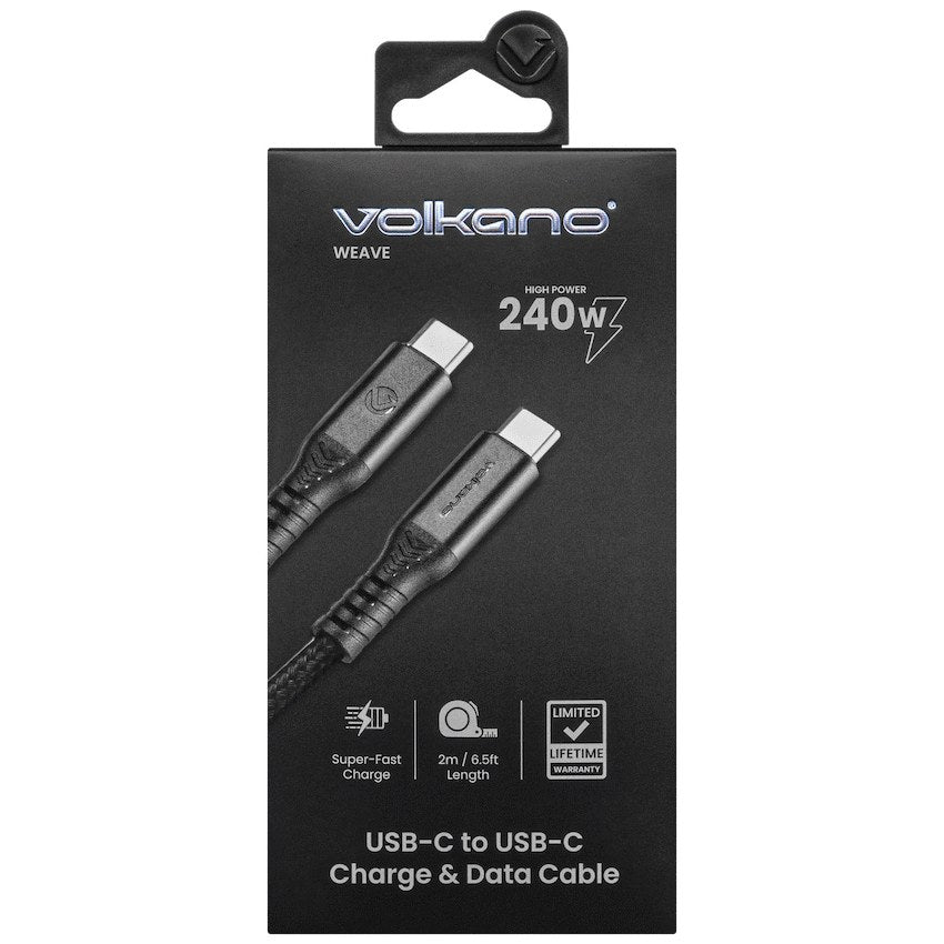 Volkano Weave Series 240W 20Gbps USB-C to USB-C Cable (2 m, Black, VK-30239-BK) - View 2 - Office R Us