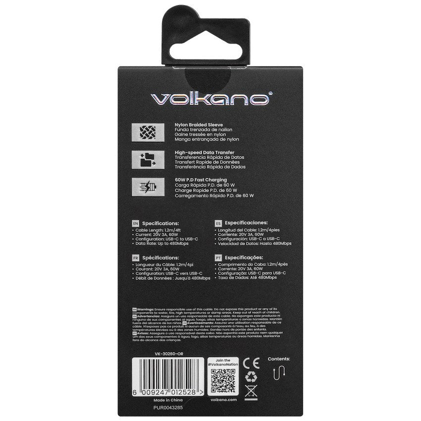 Volkano Weave Series 60W USB-C to USB-C Cable - 1.2 m / Orange - View 14 - Office R Us