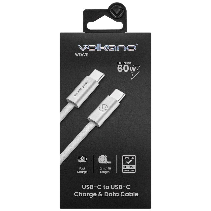 Volkano Weave Series 60W USB-C to USB-C Cable - 1.2 m / White - View 2 - Office R Us