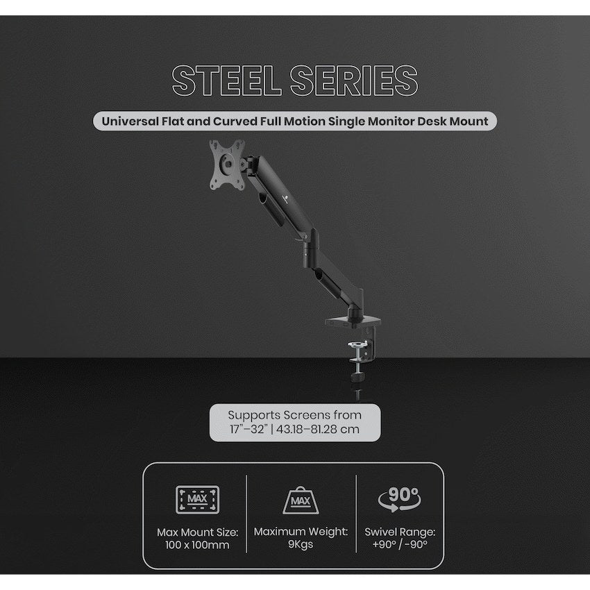 Volkano Steel Series Full Motion Single Monitor Desk Mount 17"-32" (VK-4038-BK) - View 5 - Office R Us