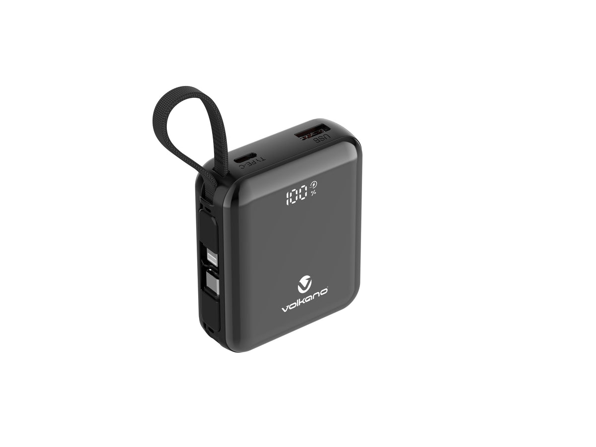 Volkano Solace Series 10000mAh Power Bank with Built-in USB-C & Lightning Cable - Black - View 2 - Office R Us