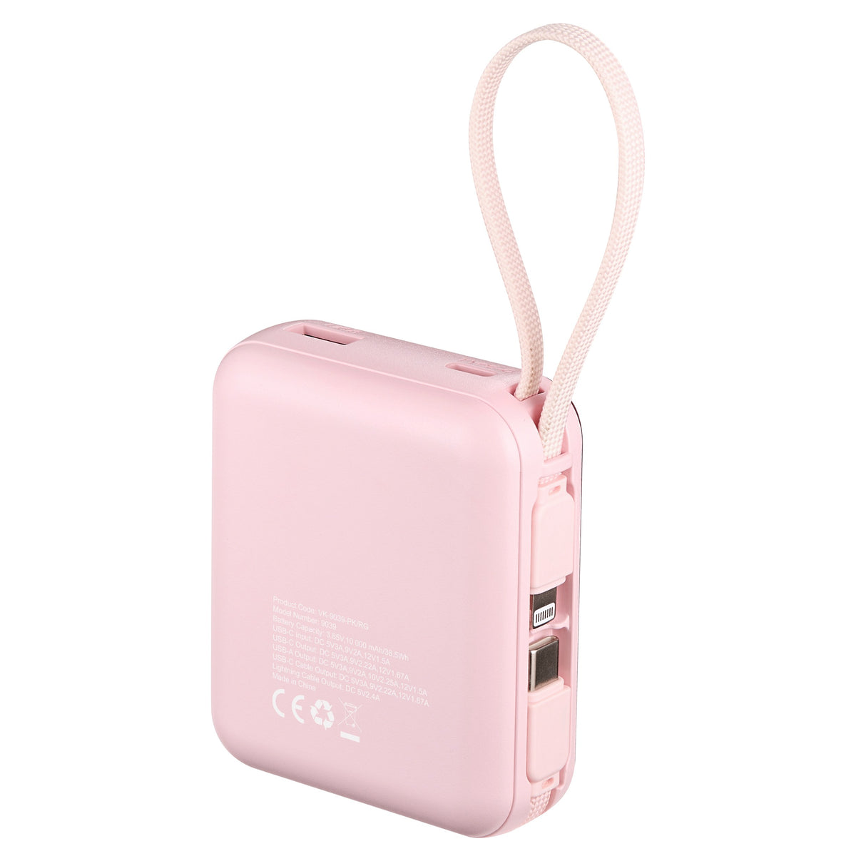 Volkano Solace Series 10000mAh Power Bank with Built-in USB-C & Lightning Cable - Pink & Rose Gold - View 11 - Office R Us
